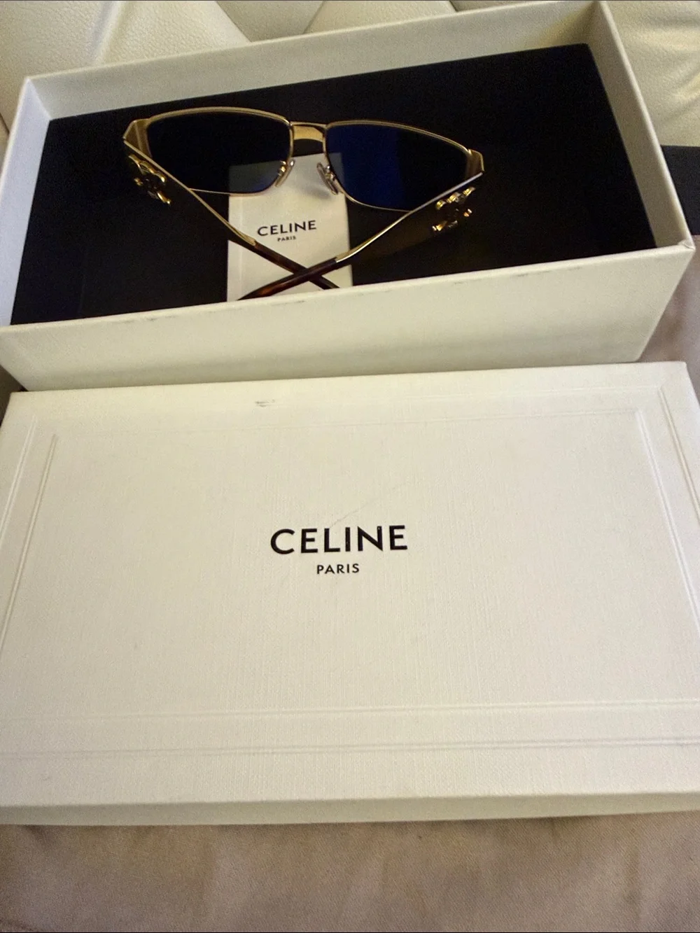 Gold “Celine”Baroque Rectangular Sunglasses with Black Lenses